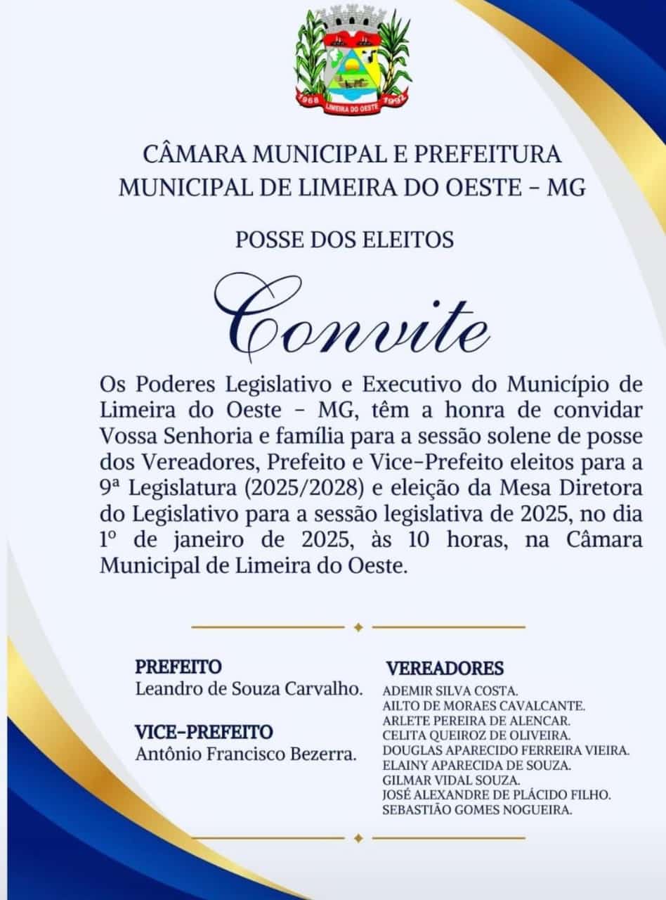 Câmara de Limeira do Oeste sedia posse dos eleitos para mandato 2025-2028 a partir das 10 horas de 1º de janeiro